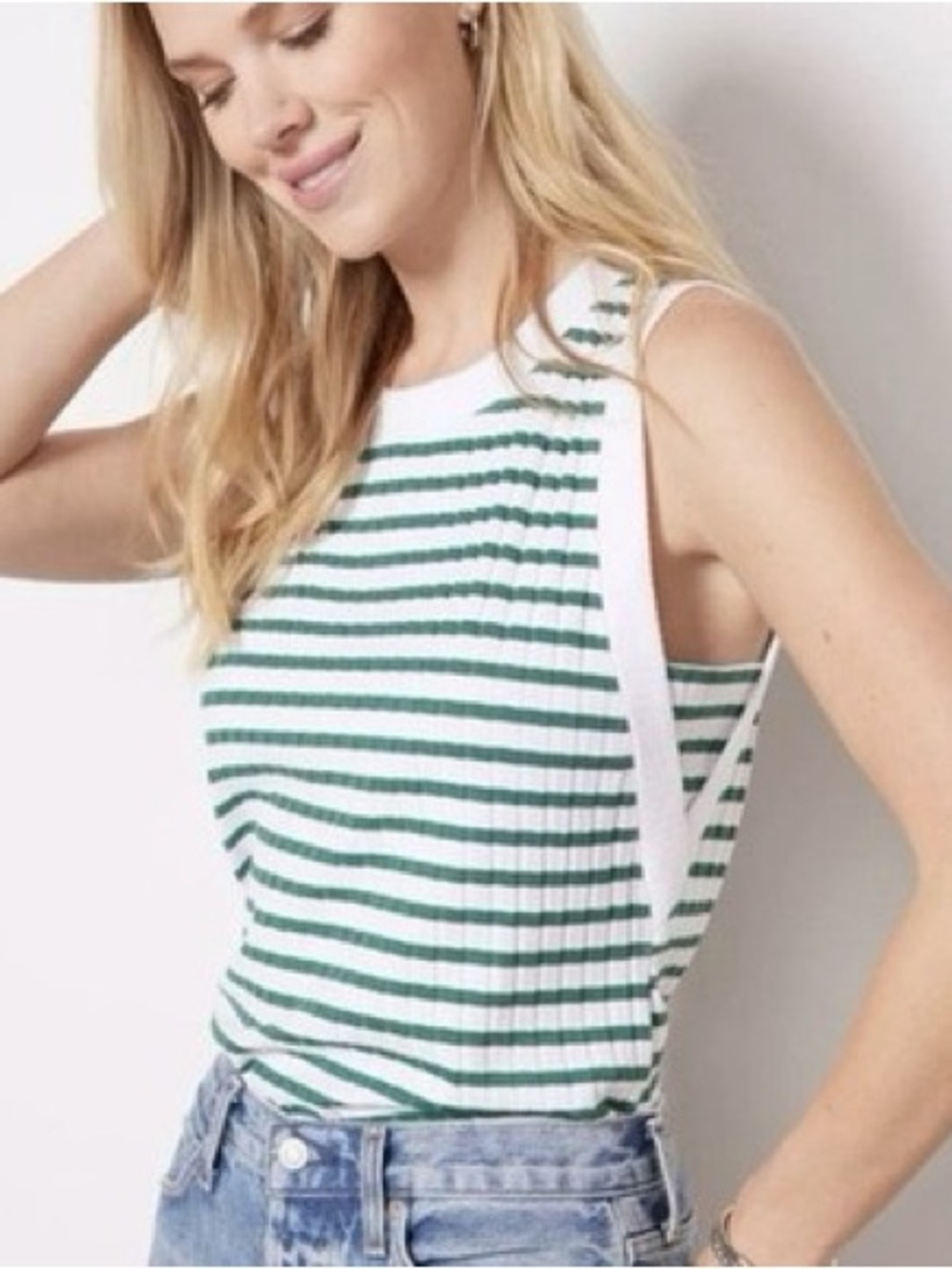 Evereve Green & White Striped Rib Knit Tank Top